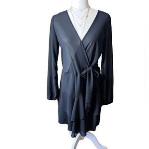 See you Monday tiered faux wrap dress semi sheer black size small